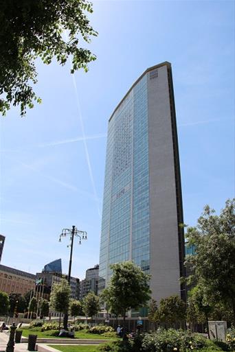The exterior of the Pirelli skyscraper designed by Gio Ponti in Milan