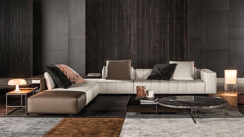 意大利家具Minotti沙发Freeman Duvet Tailor棕色白色皮革客厅环境配置