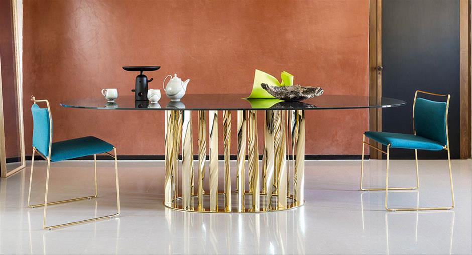 Rodolfo Dordoni design Cassina table Boboli glass top metallic gold legs twisted